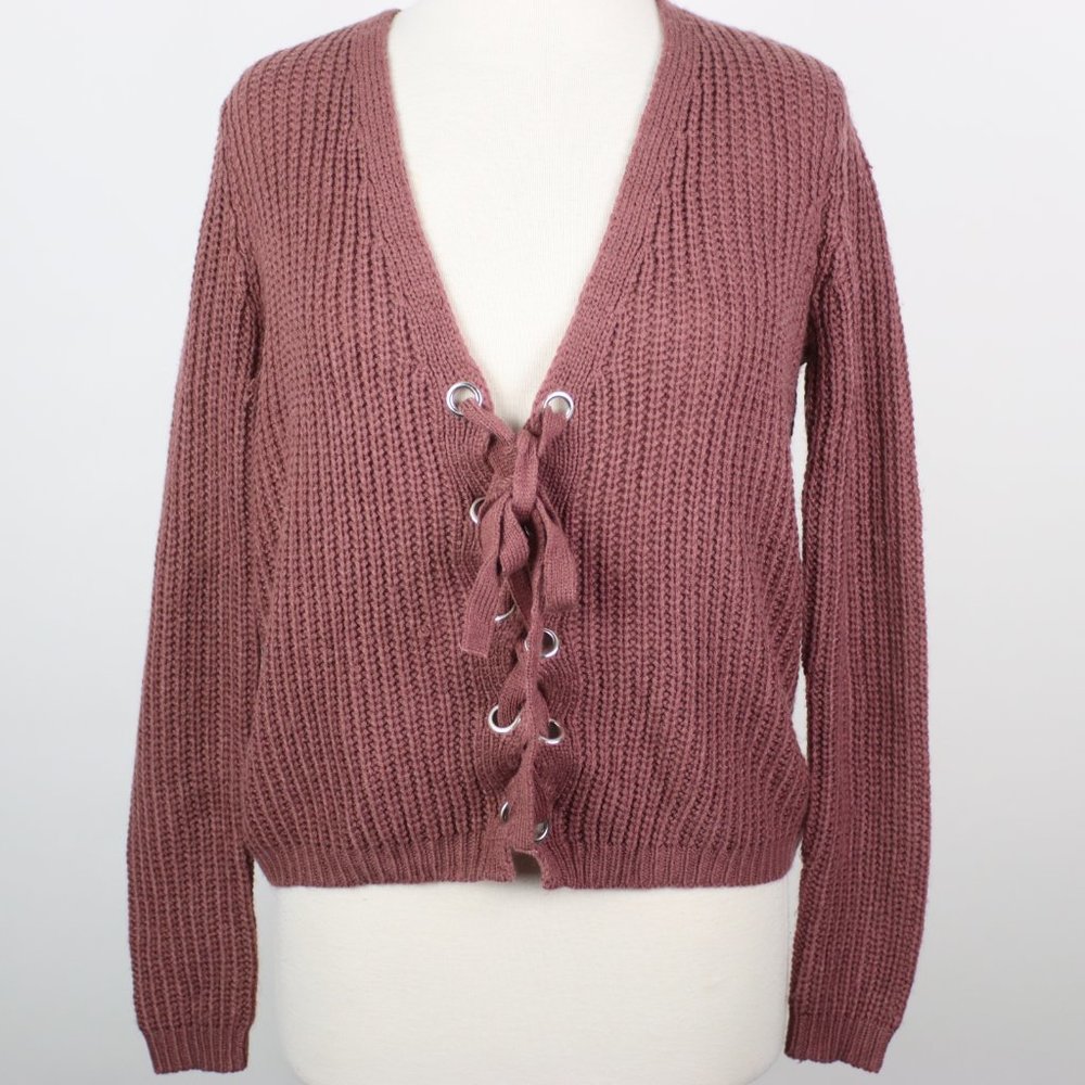 Polly & Esther Womens Medium Lace-Up Front Knit Sweater